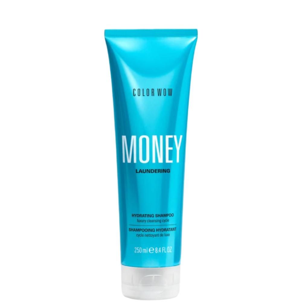 Blue shampoo bottle labeled 'Money' by Color Wow on a white background
