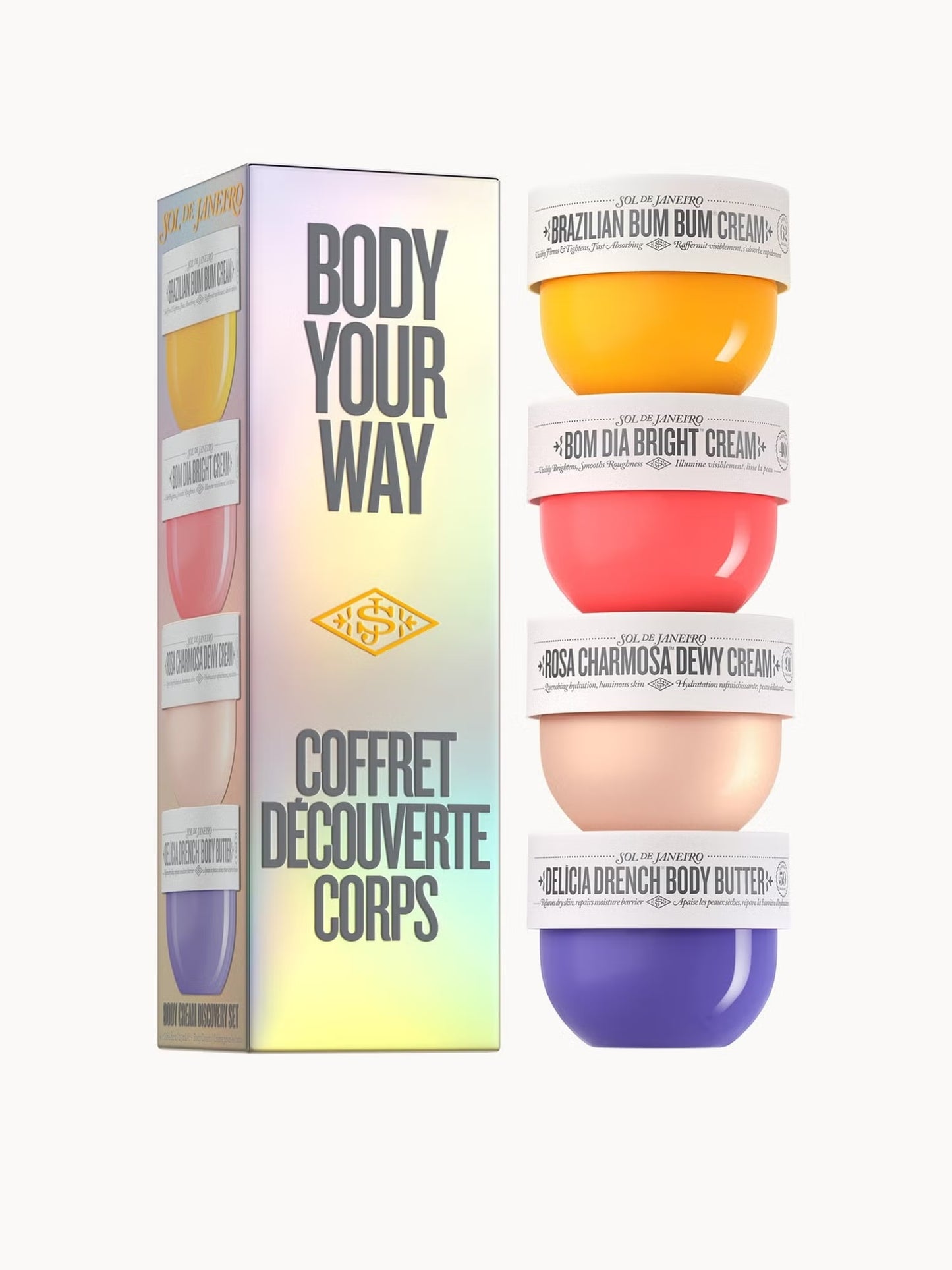 Coffret Decouverte Corps body butter set by Fév Sévé, featuring a holographic box and four stacked jars in yellow, pink, beige, and purple shades, labeled 'Body Your Way'.