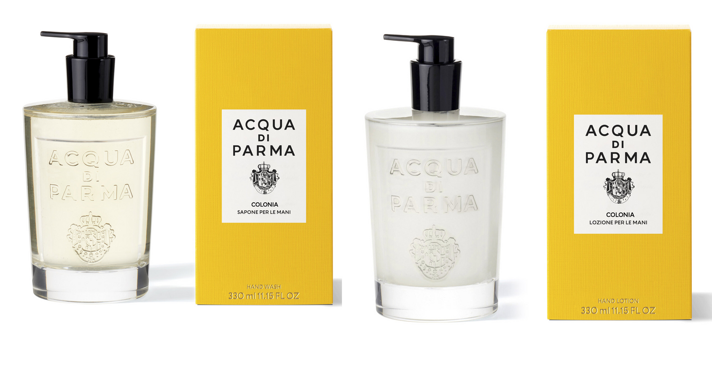 Acqua di Parma Colonia hand wash and hand lotion set in 330ml bottles, featuring elegant bath and body products with classic design.