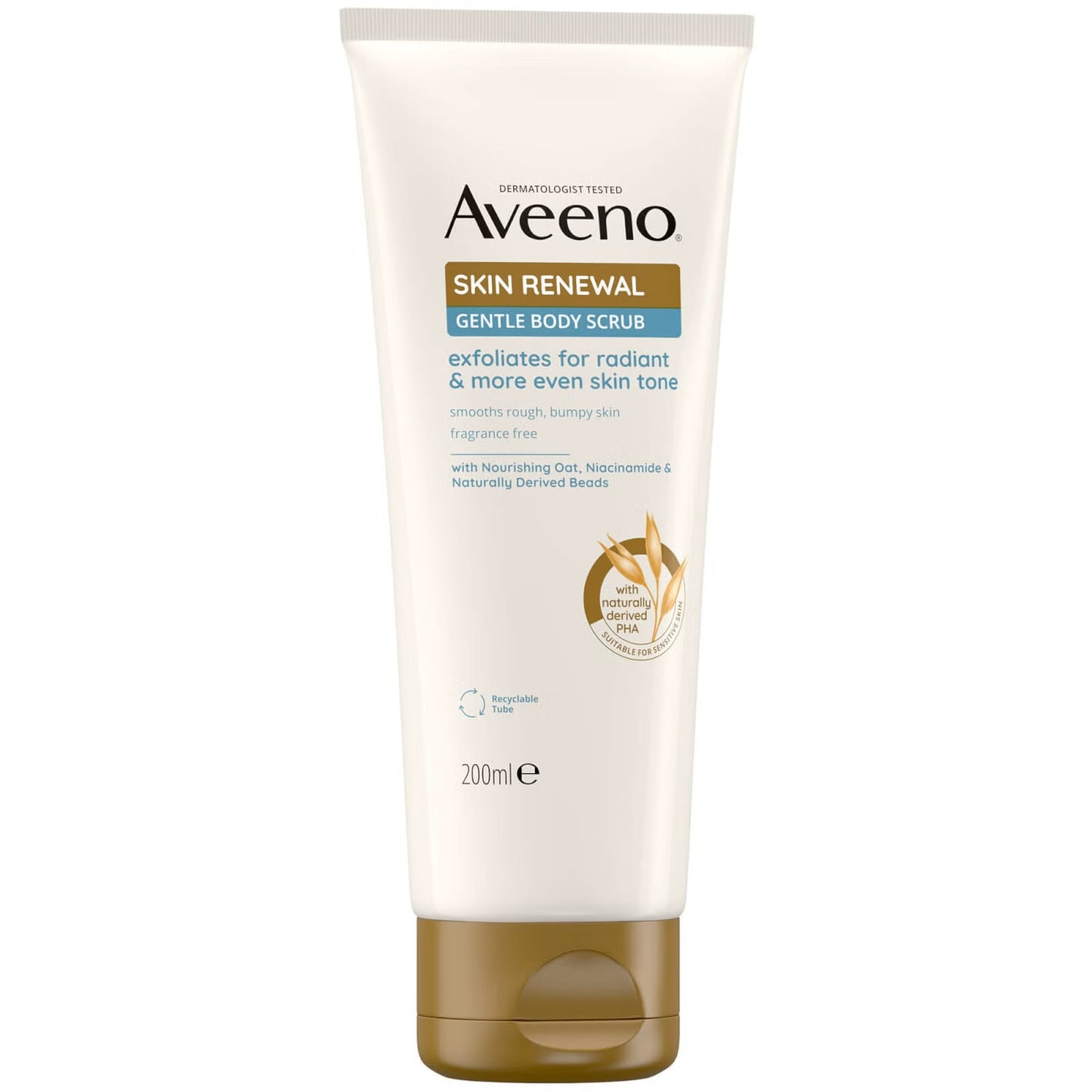 Aveeno Skin Renewal Gentle Body Scrub in 200ml jar, showing the product with natural ingredients and soft exfoliating texture.