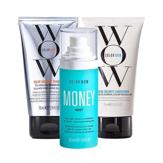 Color Wow Mini Essentials Trio Kit with shampoo, conditioner, and Money Mist for hair care, displayed in a sleek set.