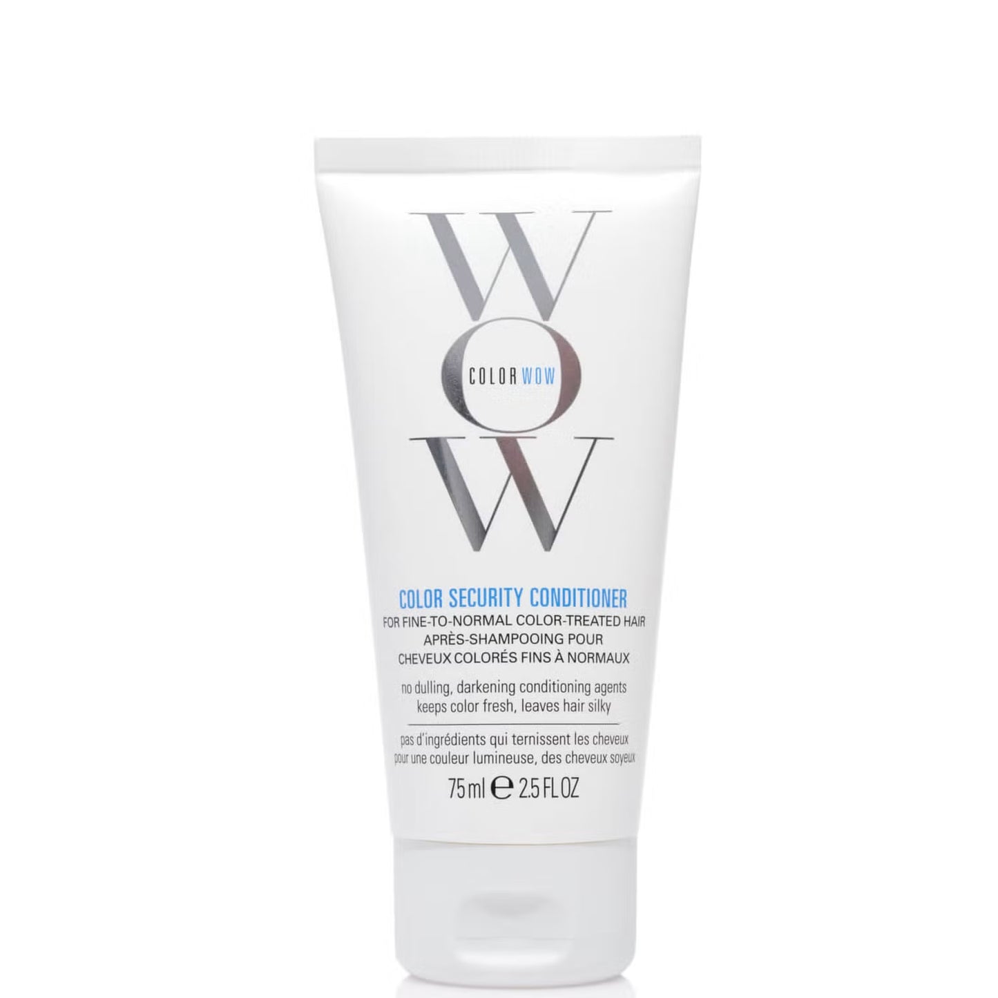 Color Wow Travel Colour Security Conditioner for fine to normal hair, 75ml, in a white tube with blue accents.