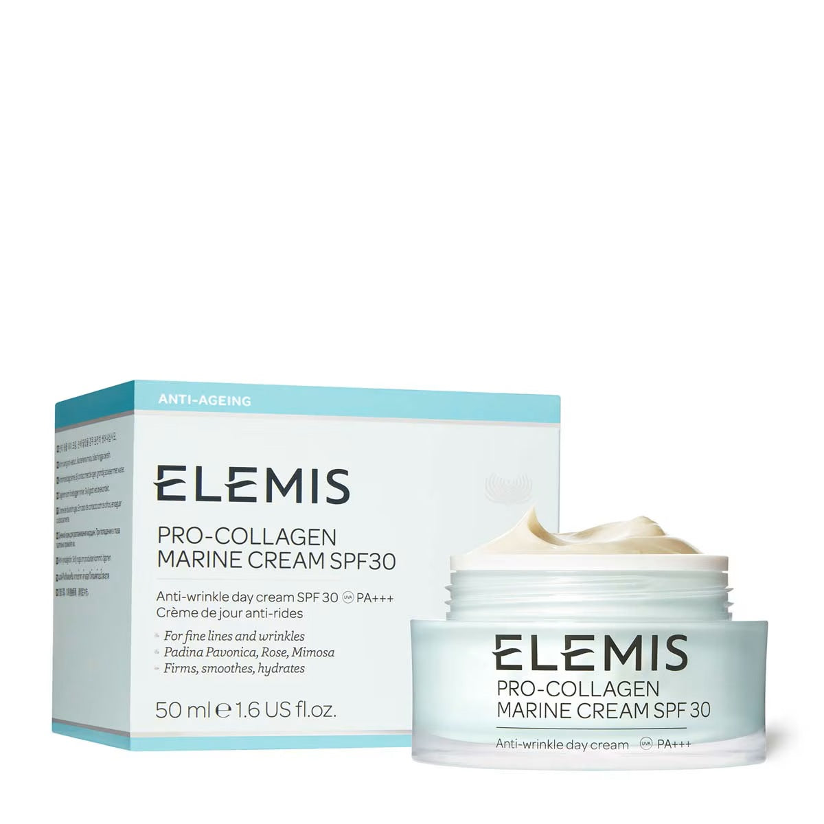 Elemis Pro-Collagen Marine Cream SPF 30 face cream in 50ml jar, with a smooth, hydrating texture and marine skincare ingredients.