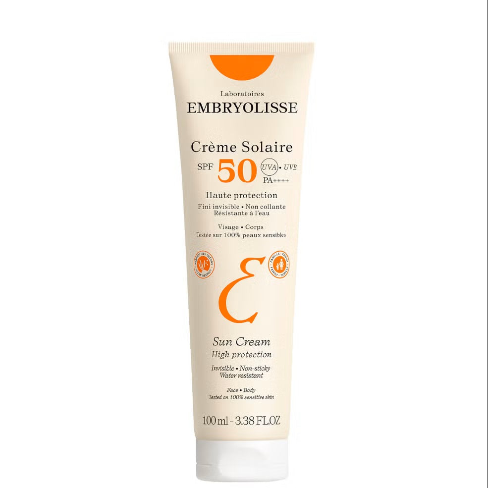 Embryolisse Sun Cream SPF 50 in 100ml, a broad-spectrum sunscreen with a smooth lotion texture and protective packaging.