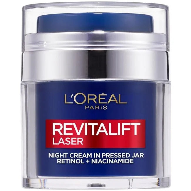 L'Oréal Paris Revitalift Night Cream with retinol and niacinamide in a 50ml jar, designed for revitalizing facial skin.