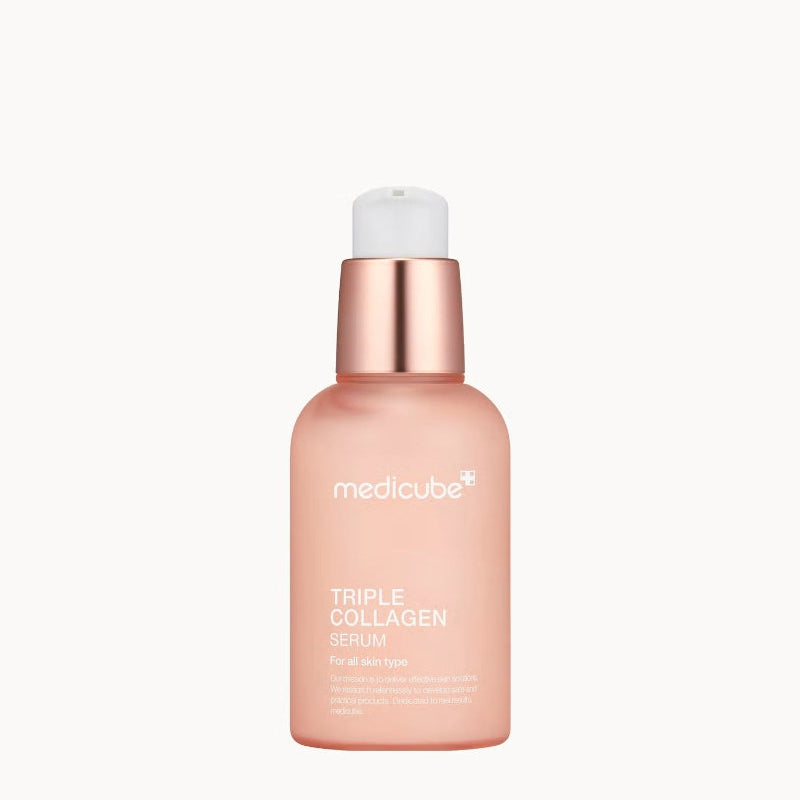 Medicube Triple Collagen Serum 4.0 face serum in 55ml bottle, showcasing clear liquid with skincare branding.