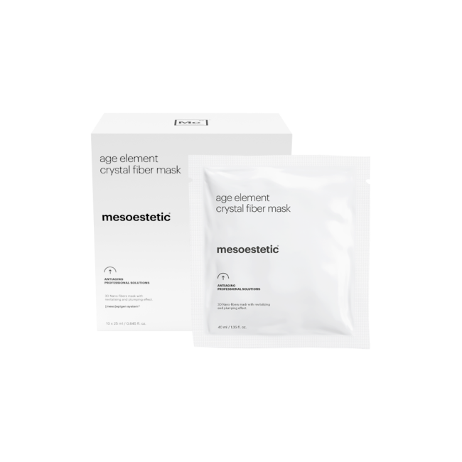 Mesoestetic Age Element Crystal Fiber Mask for skin care, showing the mask’s detailed fiber texture and packaging.