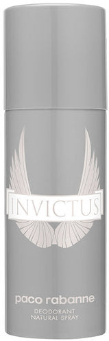 Paco Rabanne Invictus 150ml deodorant spray, fresh and masculine scent in a sleek white can with blue accents.
