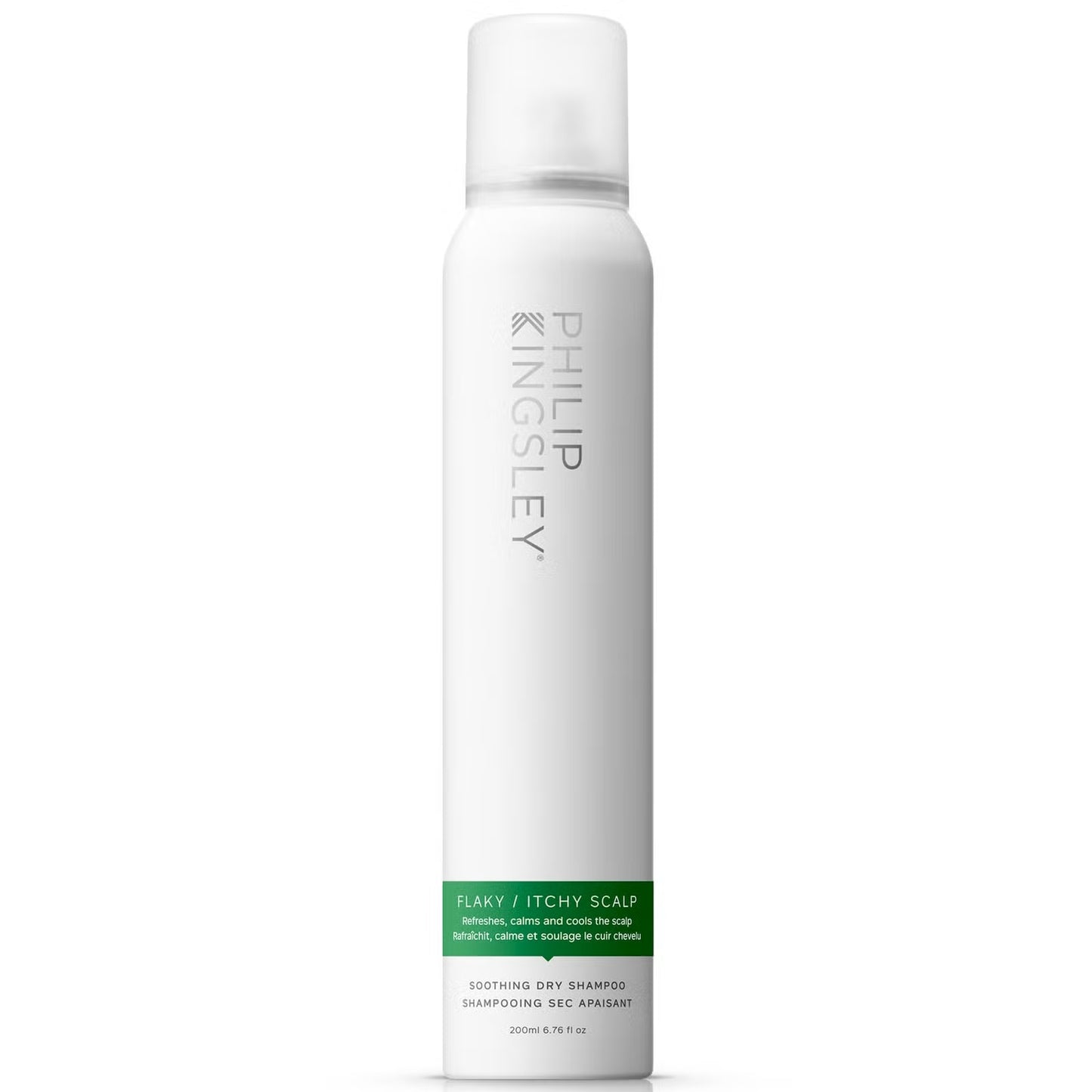 Philip Kingsley Flaky and Itchy Scalp Dry Shampoo 200ml, gentle formula for scalp relief, visible bottle with product label.