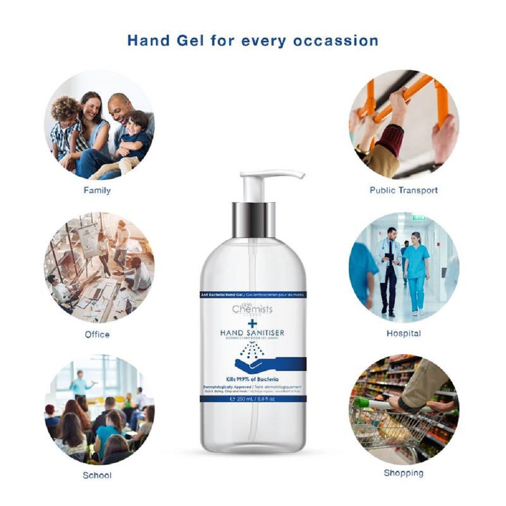 skinchemists london hand sanitiser 250ml high strength, made in uk
