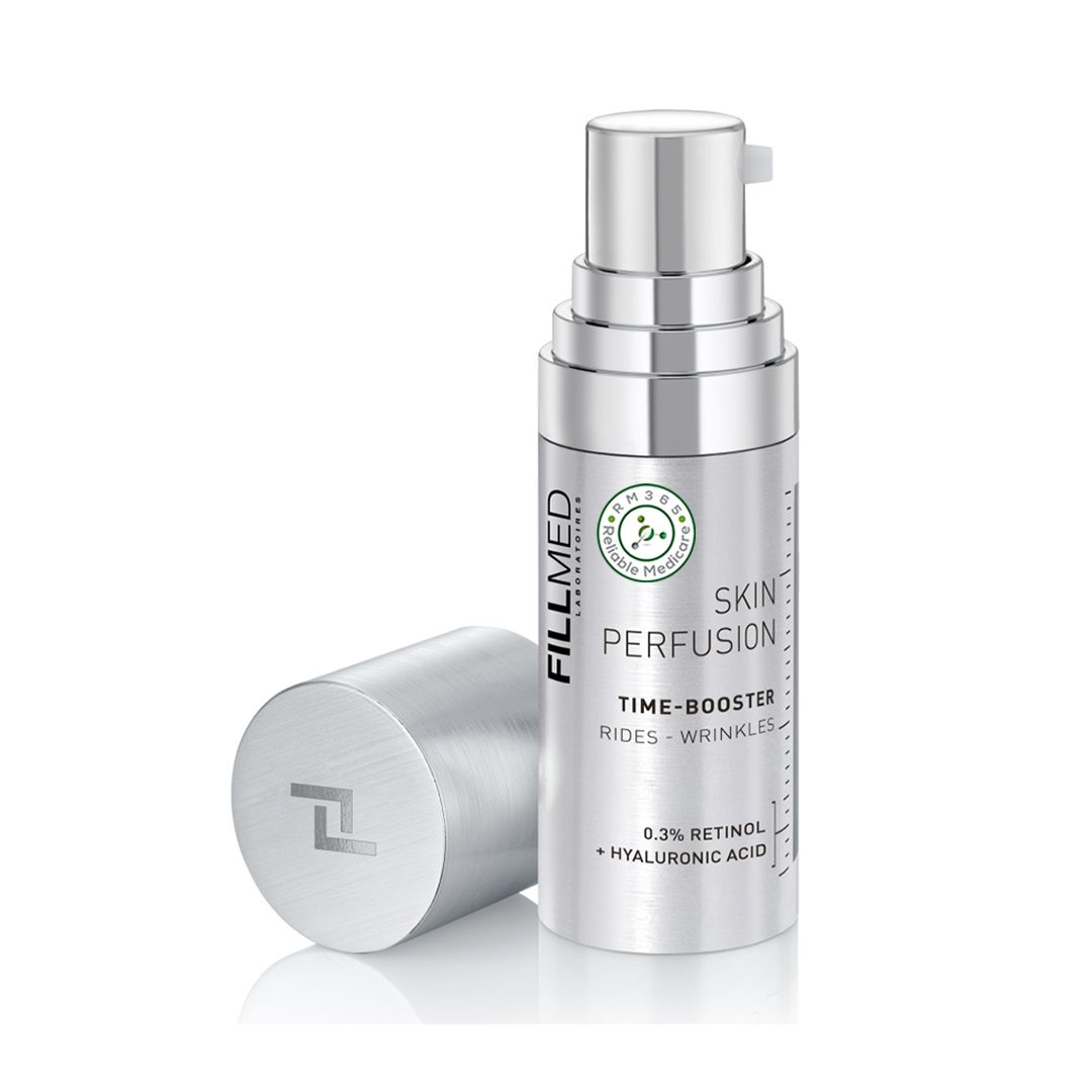 FILLMED® TIME BOOSTER skincare set with three 10ml vials of beauty serum, featuring clear bottles and applicator tips.