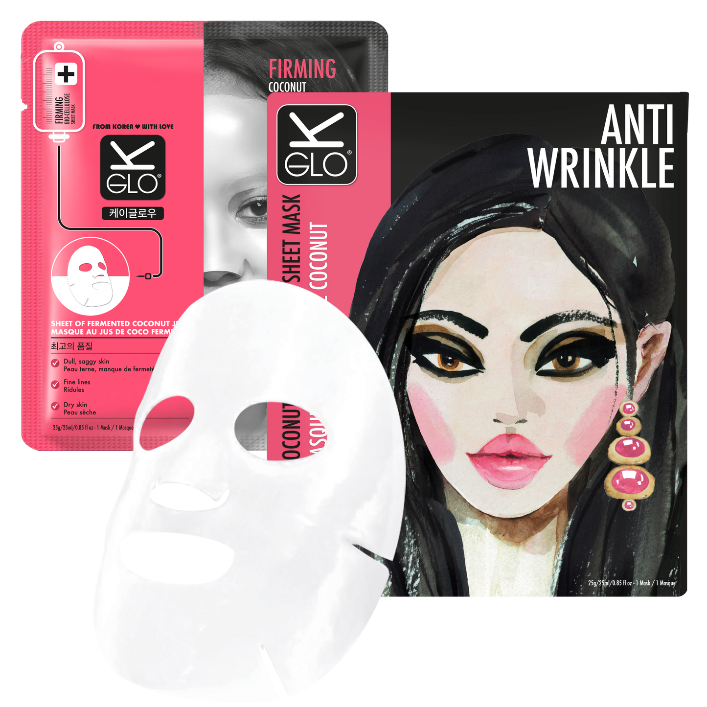 K-GLO® Anti-Wrinkle Coconut Bio-Cellulose Sheet Mask for skin care, featuring hydrating and rejuvenating coconut extract.