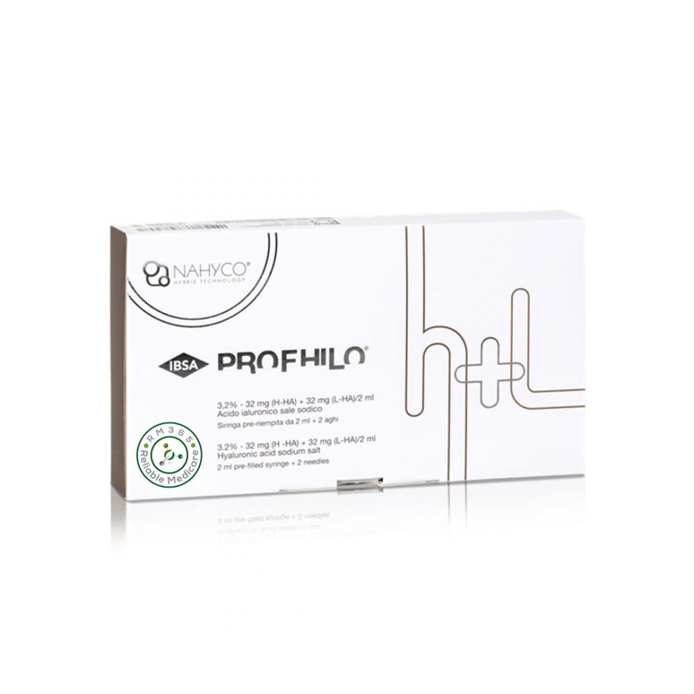 Profhilo H+L 2ml stabilized hyaluronic acid vial for skin rejuvenation, shown with clear label and professional packaging.