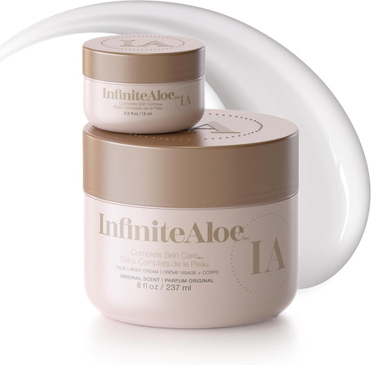 InfiniteAloe Everyday Hero Complete Skin Care Cream Original Scent 237ml jar and 15ml pot with a swirl of white cream