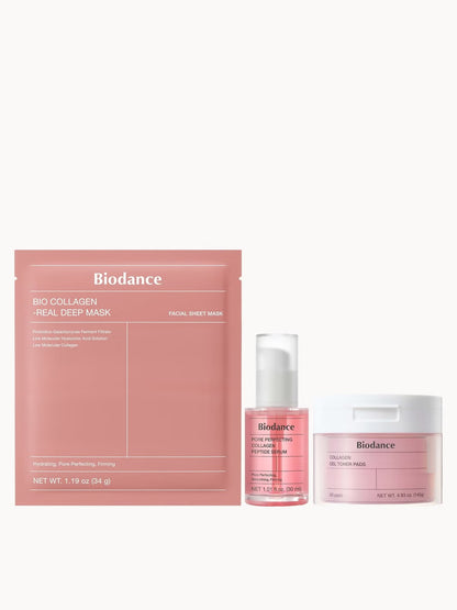Biodance Collagen Trio skin care set with three containers of collagen supplements and skincare products in sleek packaging.
