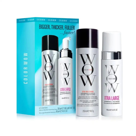 Color Wow Bigger, Thicker, Fuller Hair Styling Kit with XL Bombshell and SoS products for volume and fullness.