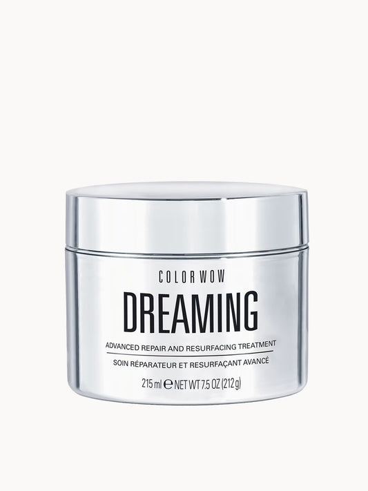 Color Wow Dreaming Advance Repair and Resurfacing Treatment 215ml hair care product, showing a sleek white bottle with blue accents.