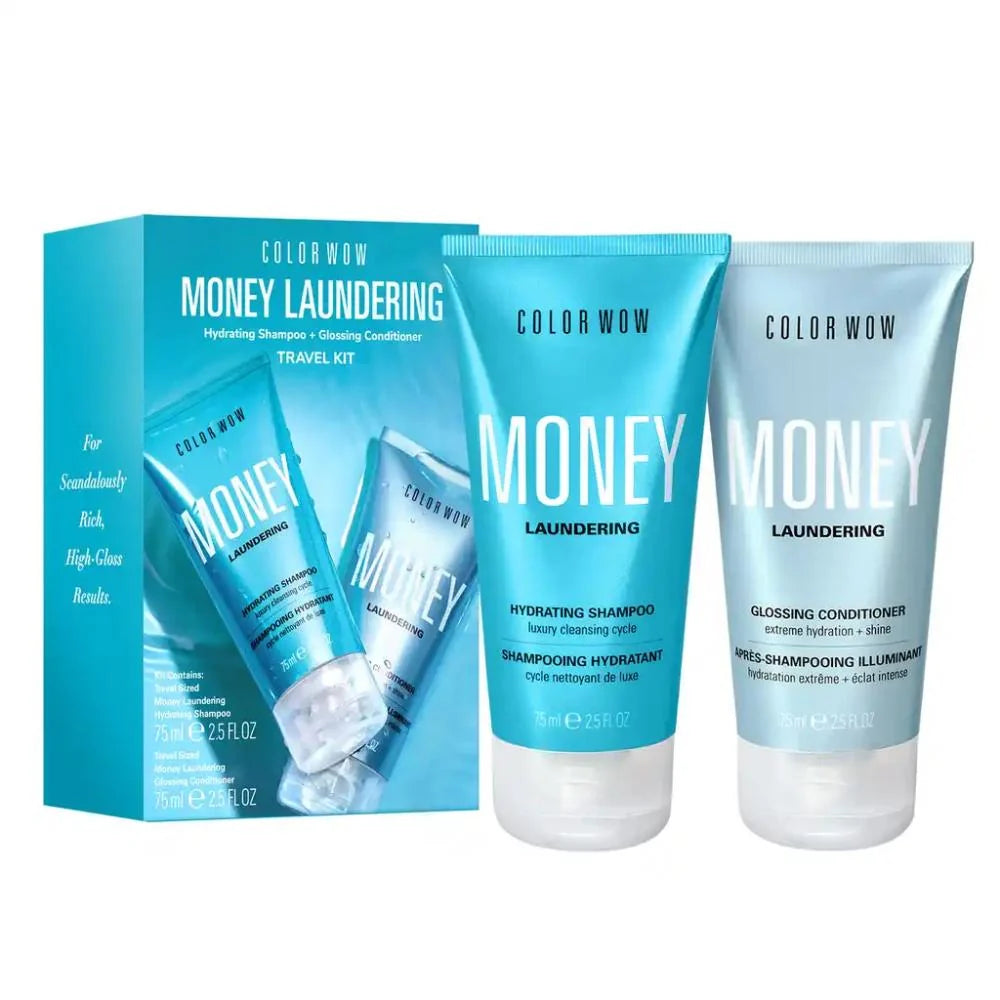 Color Wow Money Laundering high shine shampoo and conditioner travel duo in sleek bottles, designed for glossy hair on the go.