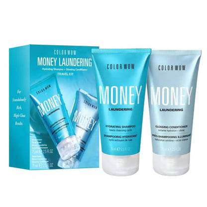 Color Wow Money Laundering high shine shampoo and conditioner travel duo in sleek bottles, designed for glossy hair on the go.