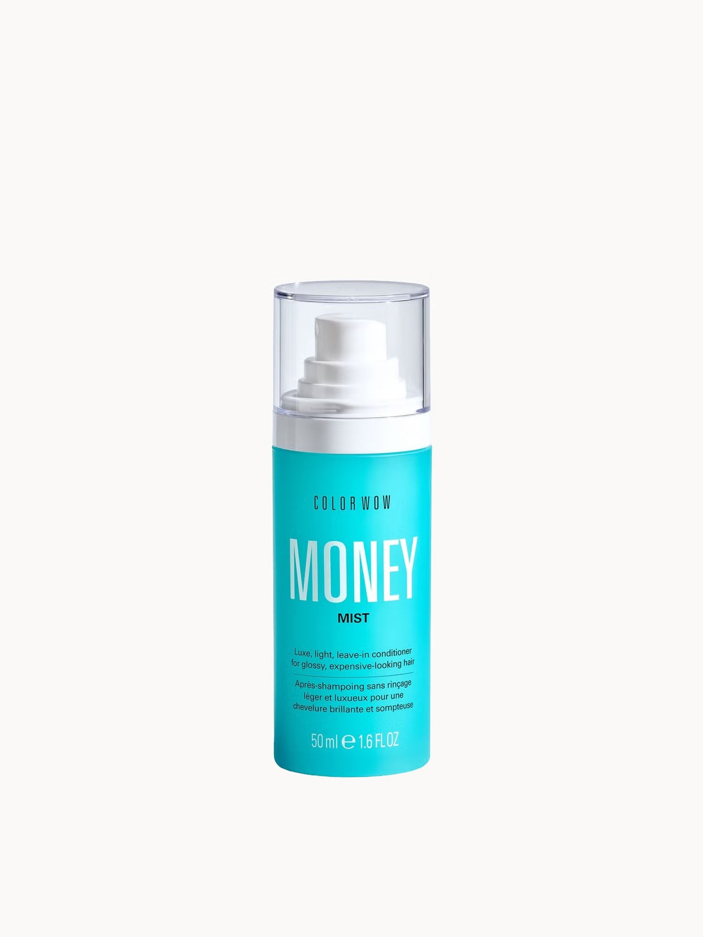 Color Wow Money Mist 50ml moisturizing leave-in conditioner for hair styling, shown in a sleek spray bottle.