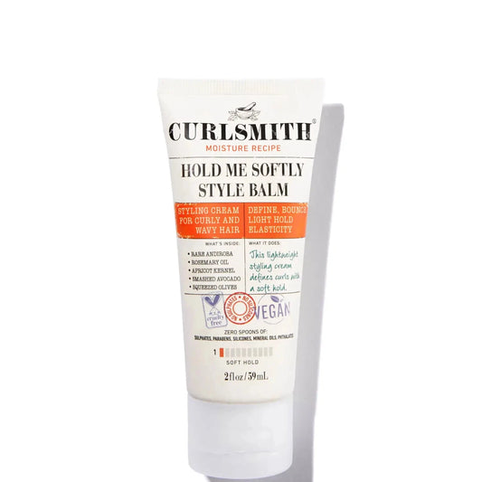 Curlsmith Hold Me Softly Style Balm for curly hair in a 59ml container, shown with its imperfect packaging.