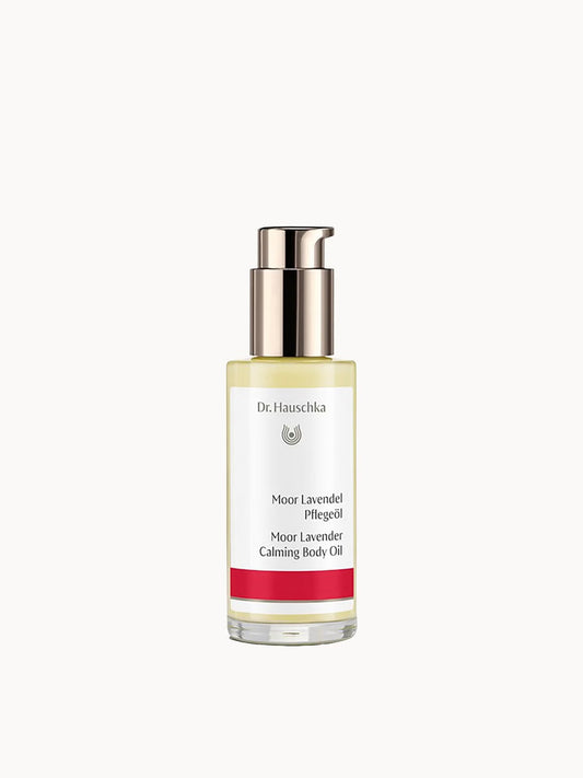 Dr. Hauschka Moor Lavender Calming Body Oil in a 75ml bottle, showcasing the soothing lavender-infused body oil.