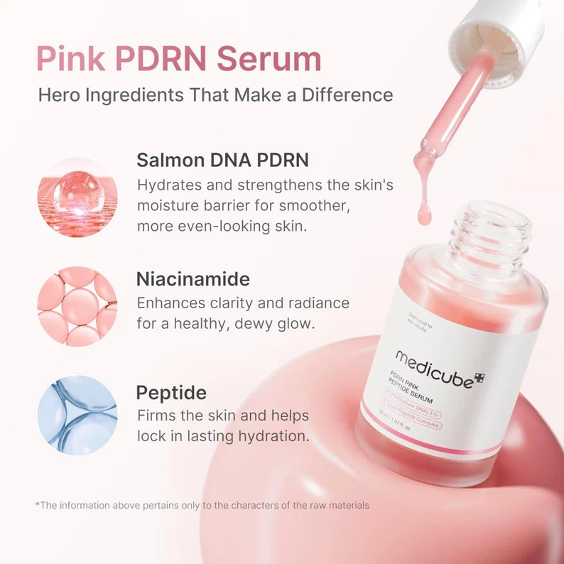 Medicube PDRN Pink Peptide Serum 30ml, a face serum with pink hue, featuring a sleek bottle and dropper applicator.