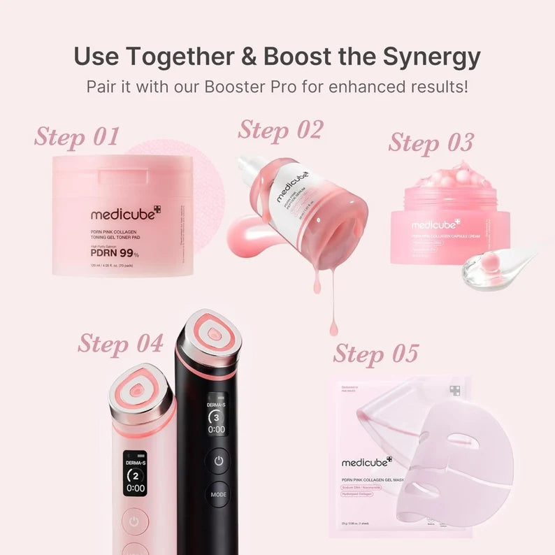 Medicube PDRN Pink Peptide Serum 30ml in a clear glass bottle with dropper, showcasing a pink-tinted face serum for skincare.