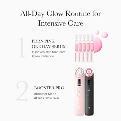 Medicube PDRN Pink One Day Serum Set featuring ten 1.5ml face serums with pink packaging and dropper applicators.