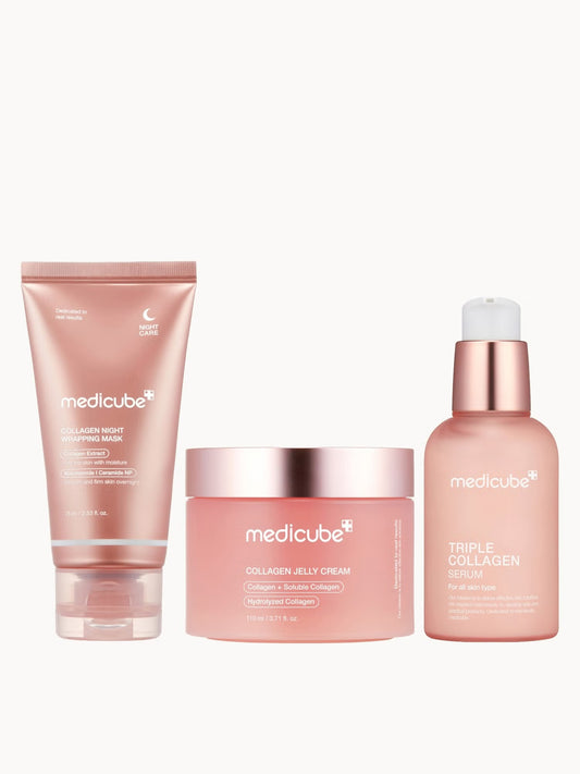 Medicube Collagen Routine Bundle for skin care, featuring various collagen products in a clean, organized set.