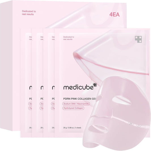 Medicube PDRN Pink Collagen Gel Mask pack with four skin care masks, designed to hydrate and rejuvenate skin.