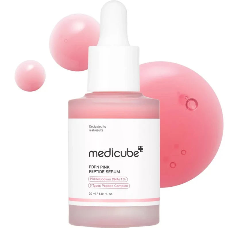 Medicube PDRN Pink Peptide Serum 30ml, a facial serum in a clear bottle with a pink cap, showcasing its smooth, hydrating formula.