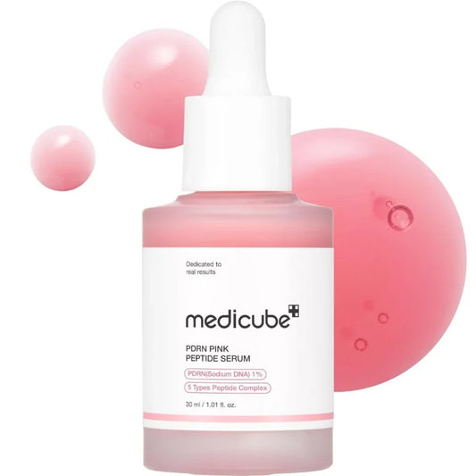 Medicube PDRN Pink Peptide Serum 30ml, a facial serum in a clear bottle with a pink cap, showcasing its smooth, hydrating formula.