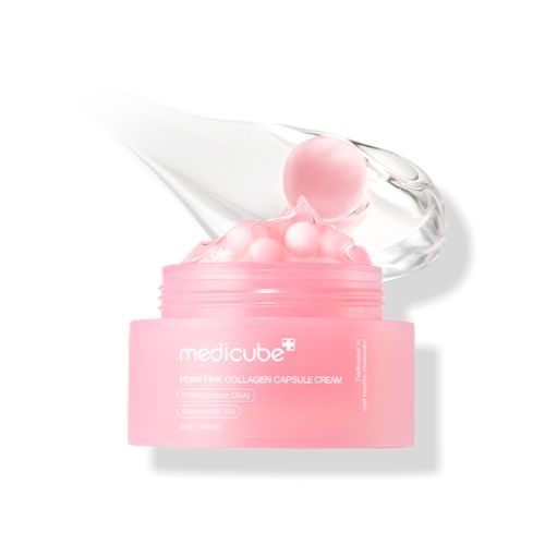 Medicube PDRN Pink Collagen Capsule Cream 55g, a face moisturizer with pink collagen in a jar showing the product label.