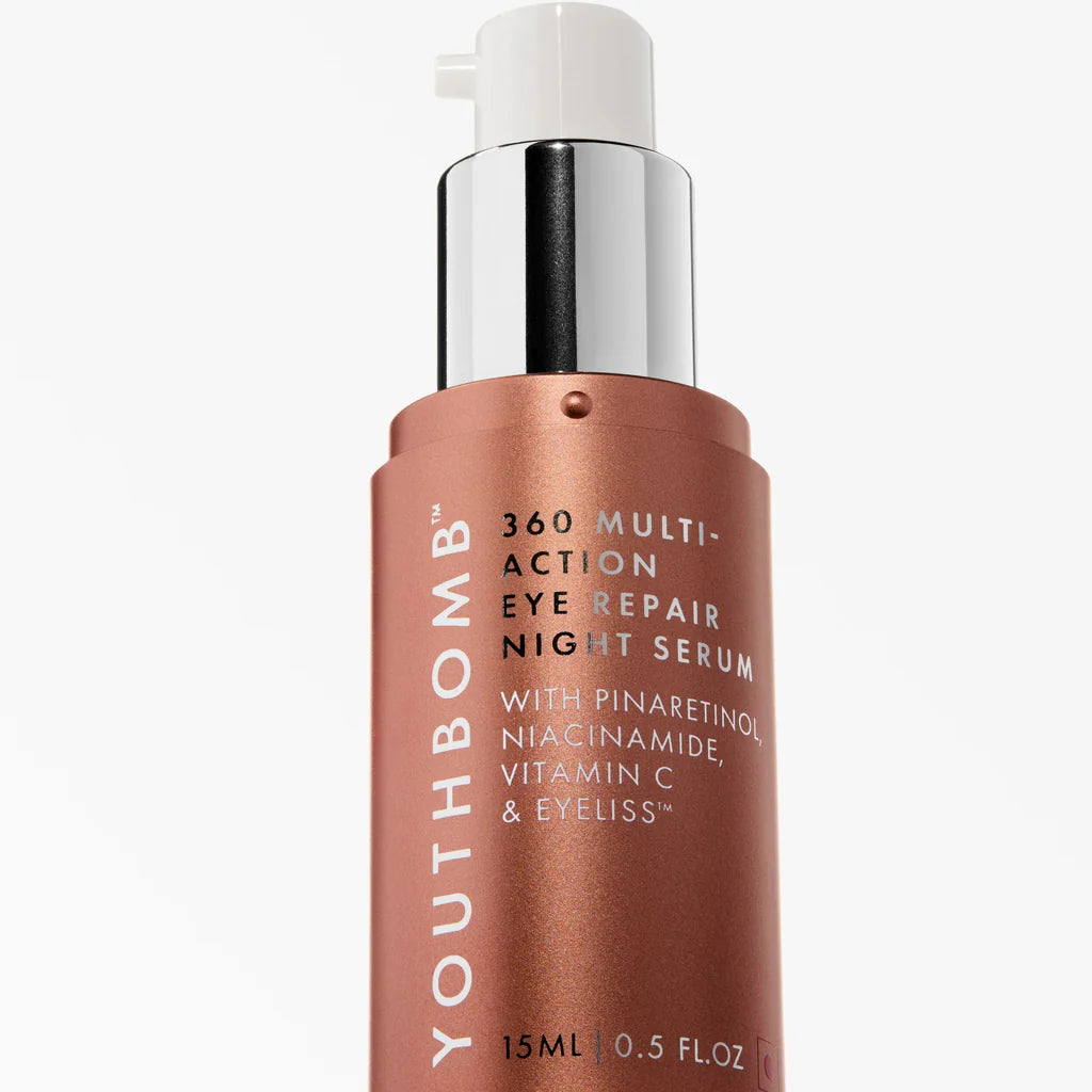 Beauty Pie Youthbomb 360° Multi Action Eye Repair Night Serum with retinol complex, showing the eye cream tube and applicator.