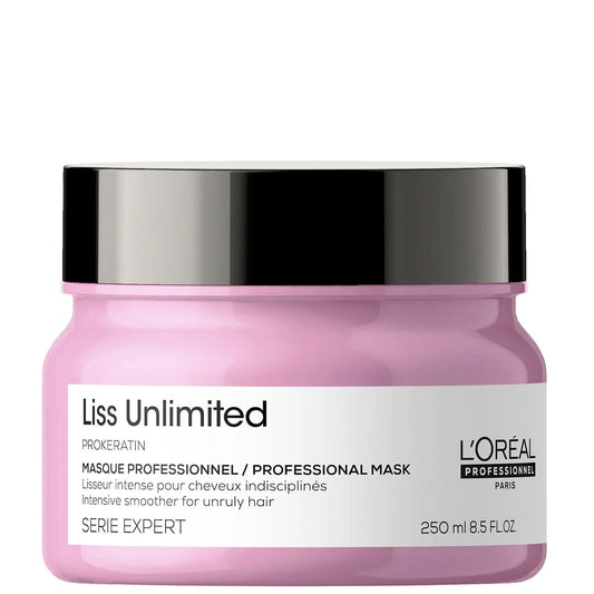 L'Oréal Professionnel Liss Unlimited hair mask in 250ml jar, smooths and nourishes frizzy hair with professional hair care.