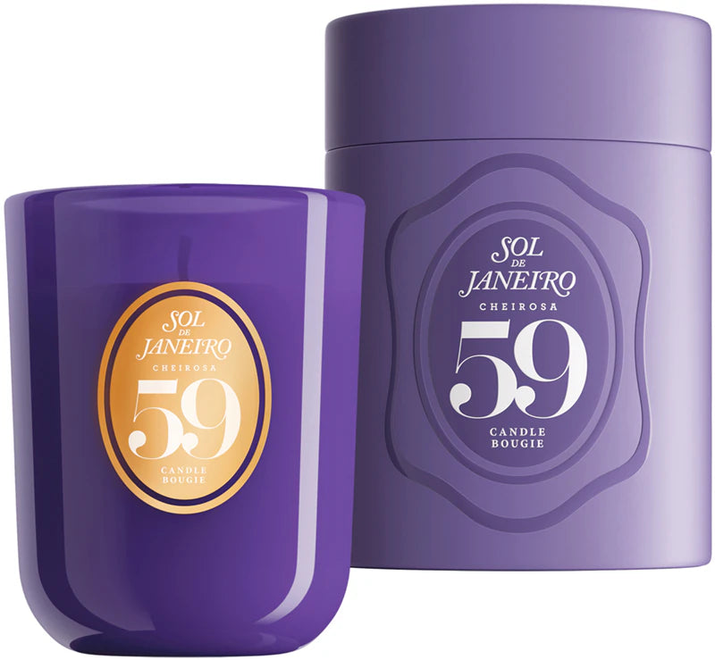 Sol de Janeiro Cheirosa '59 scented candle in a glass jar with a warm, inviting glow and floral packaging.