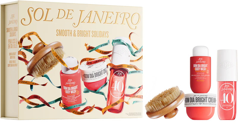 Sol de Janeiro Smooth & Bright Solidays Gift Set with bath and body products for women, featuring vibrant packaging and variety of skincare items.