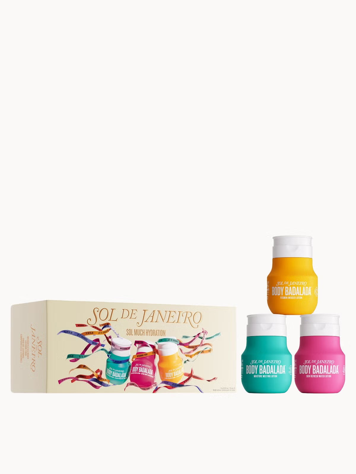 Sol de Janeiro Sol Much Hydration Bath & Body Gift Set with body lotion and cream, featuring vibrant packaging and tropical scent.