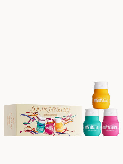 Sol de Janeiro Sol Much Hydration Bath & Body Gift Set with body lotion and cream, featuring vibrant packaging and tropical scent.