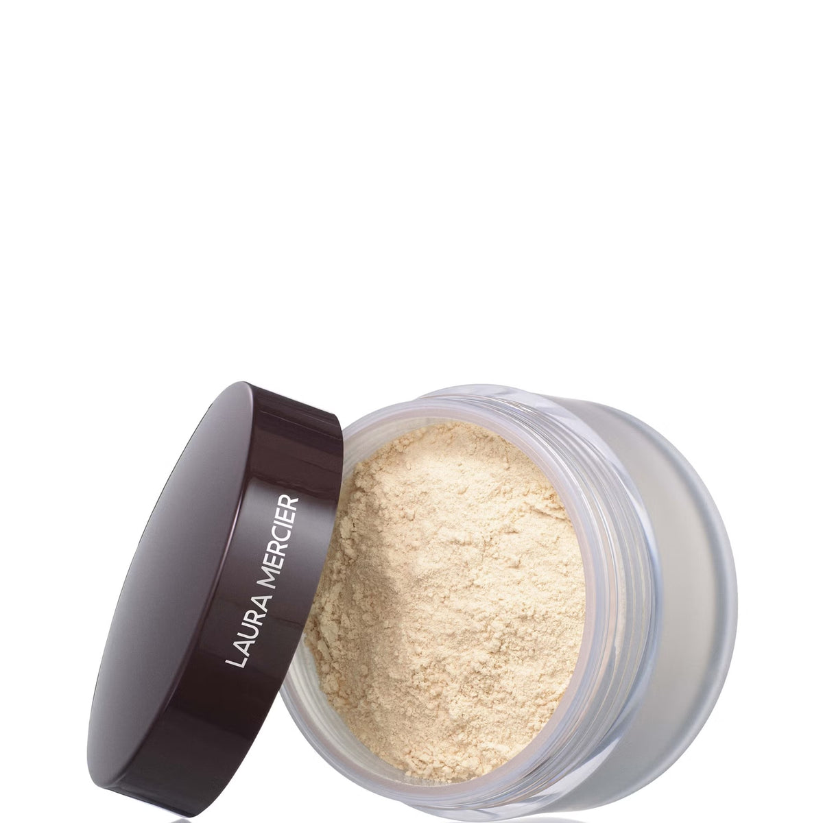 Laura Mercier translucent loose setting powder in shade 29g, showing the fine, lightweight makeup powder in a clear jar.