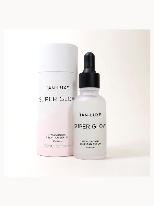 Tan-Luxe Super Glow Hyaluronic Self-Tan Serum 30ml bottle, a hydrating tanning oil and lotion for a natural glow.