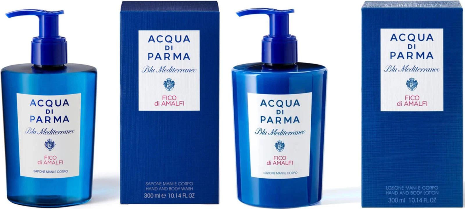 Acqua di Parma Fico Di Amalfi hand and body wash with matching 300ml lotion, featuring a luxurious bath and body skincare set.