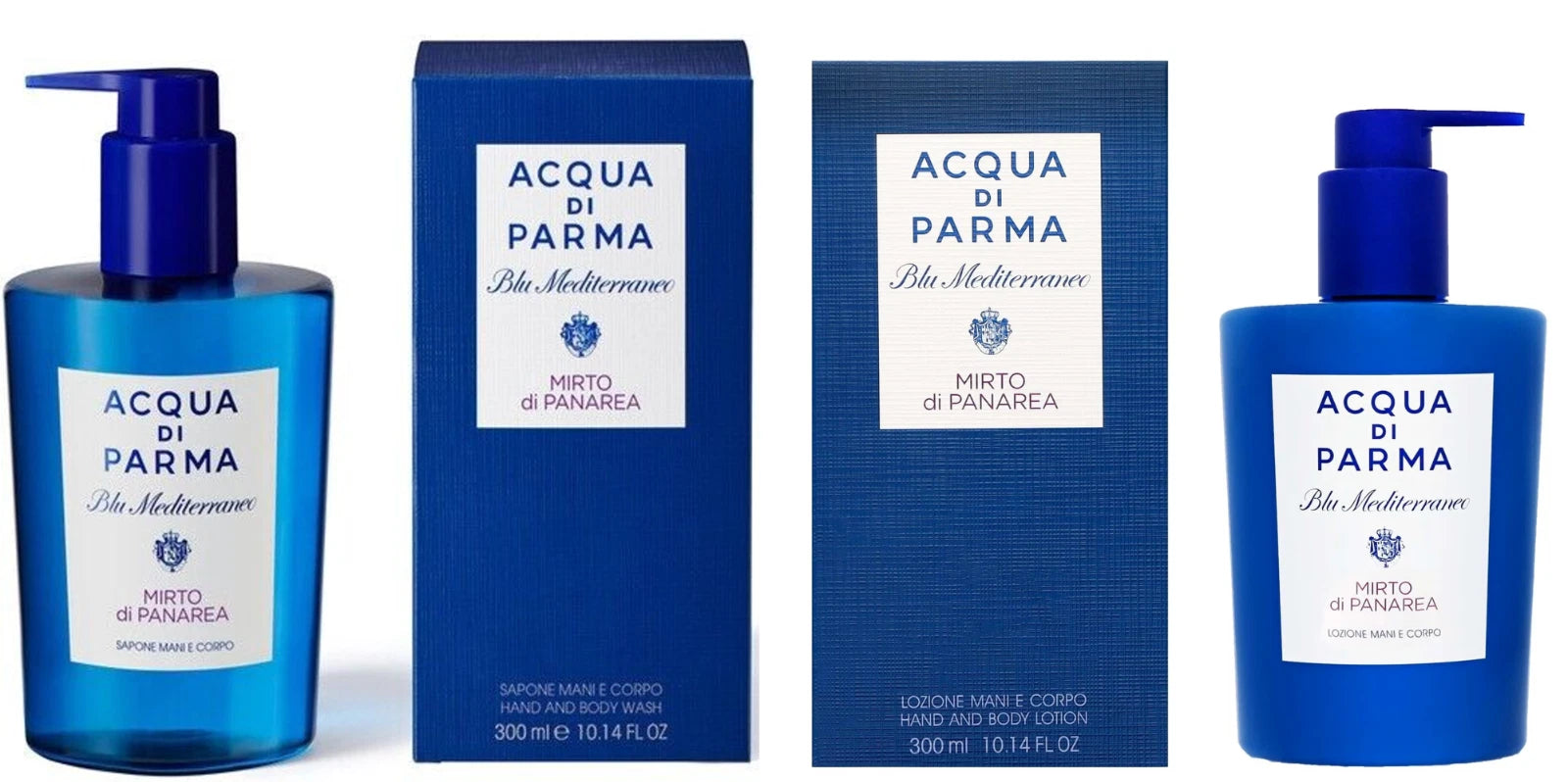 Acqua di Parma Mirto di Panarea bath and body set with 300ml hand and body wash and 300ml lotion in elegant packaging