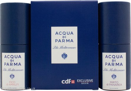 Acqua di Parma Blu Mediterraneo gift set with 30ml Mirto de Panarea and 30ml Fico de Amalfi perfumes in elegant bottles.