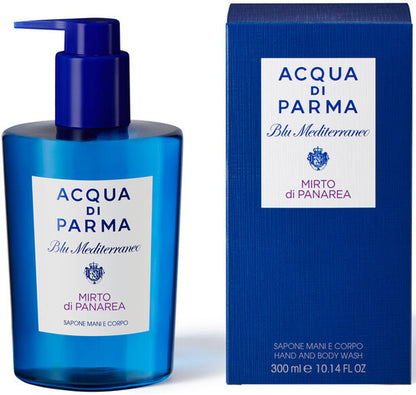 Acqua di Parma Blu Mediterraneo Mirto Di Panarea hand and body wash in 300ml bottle, skin care product with Mediterranean scent