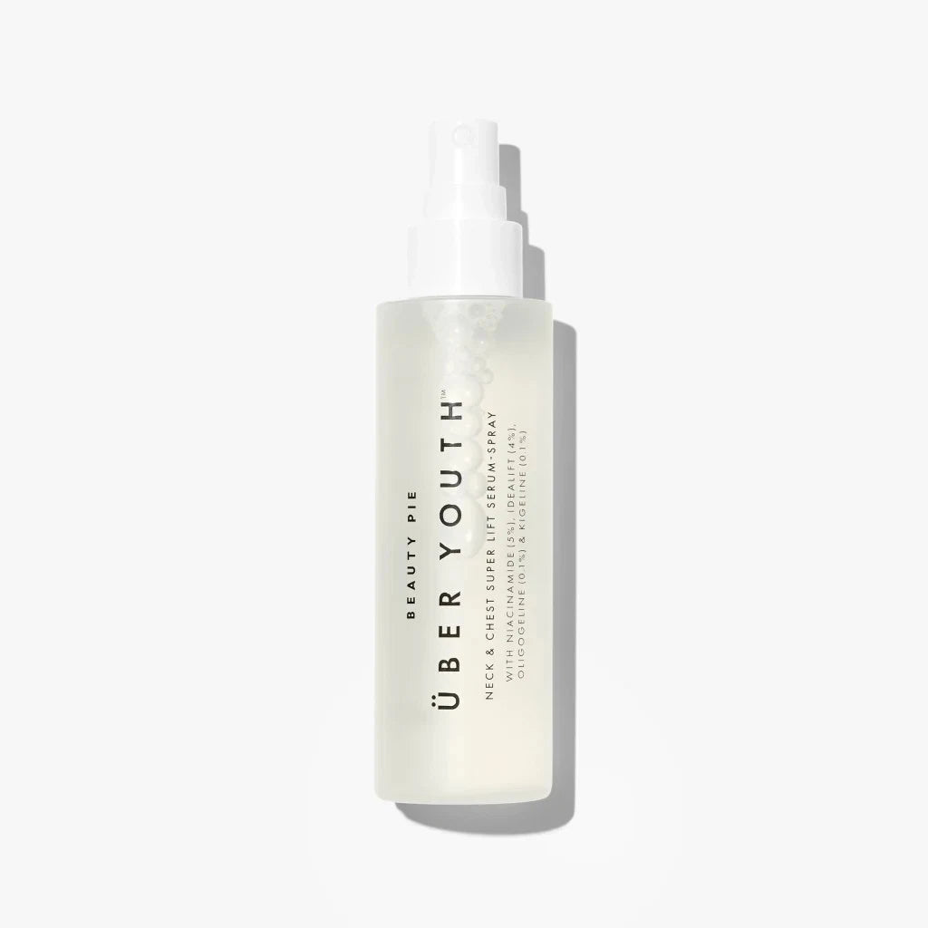 Beauty Pie Über Youth Neck & Chest Super Lift Serum-Spray in 95ml bottle, showcasing the skincare product ready for use
