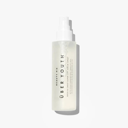 Beauty Pie Über Youth Neck & Chest Super Lift Serum-Spray in 95ml bottle, showcasing the skincare product ready for use