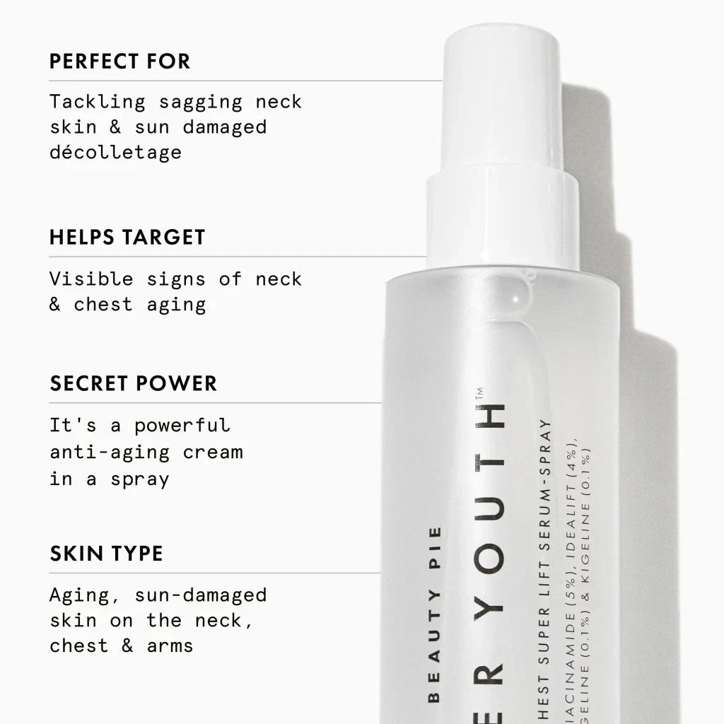 Beauty Pie Über Youth Neck and Chest Serum-Spray, 95ml, skin care product with a clear spray bottle and label featuring branding.