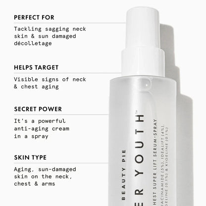 Beauty Pie Über Youth Neck and Chest Serum-Spray, 95ml, skin care product with a clear spray bottle and label featuring branding.